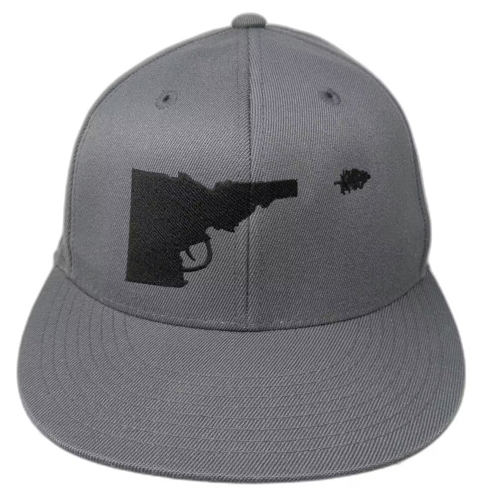 210 FITTED Baseball Cap Gray Black 7 1/4 Flat Brim Hat Embroidered Gun Design